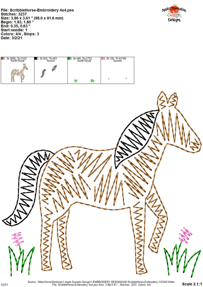 Scribble Horse Embroidery Design Apple Dumplin Design