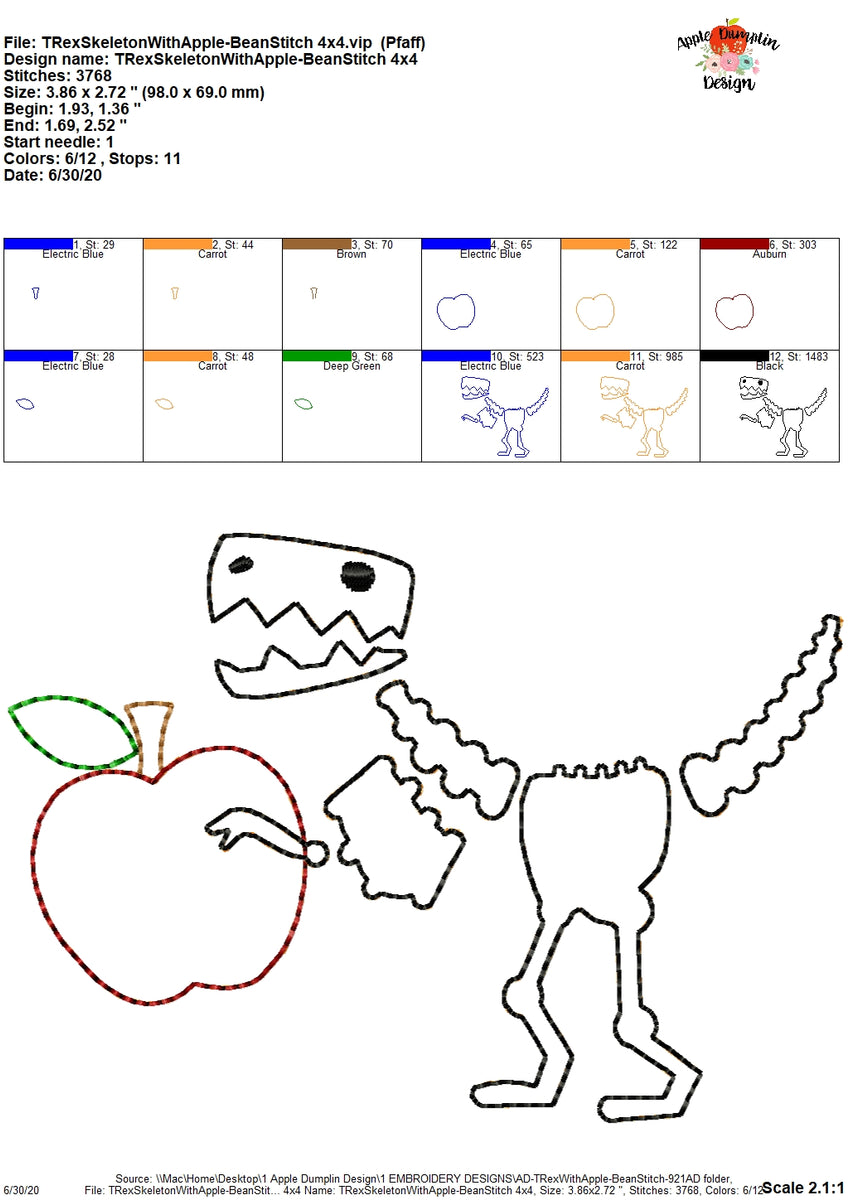 T-Rex with Apple Bean Stitch Applique Design – Apple Dumplin Design