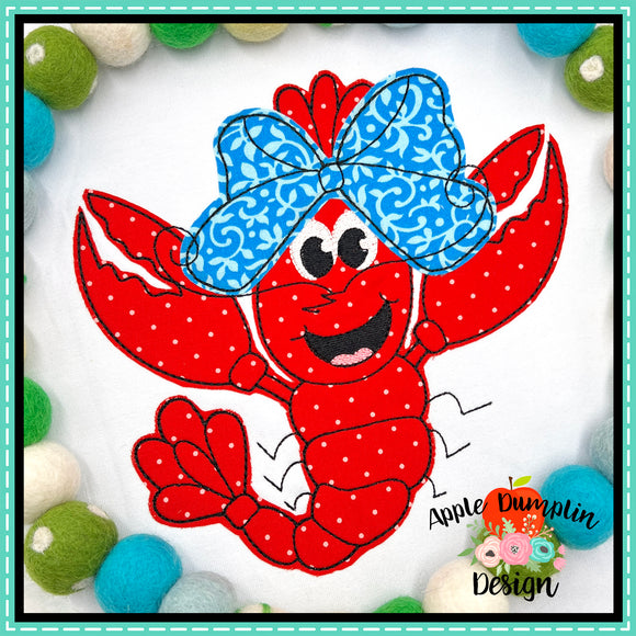 Crawfish with Bow Bean Stitch Applique Design