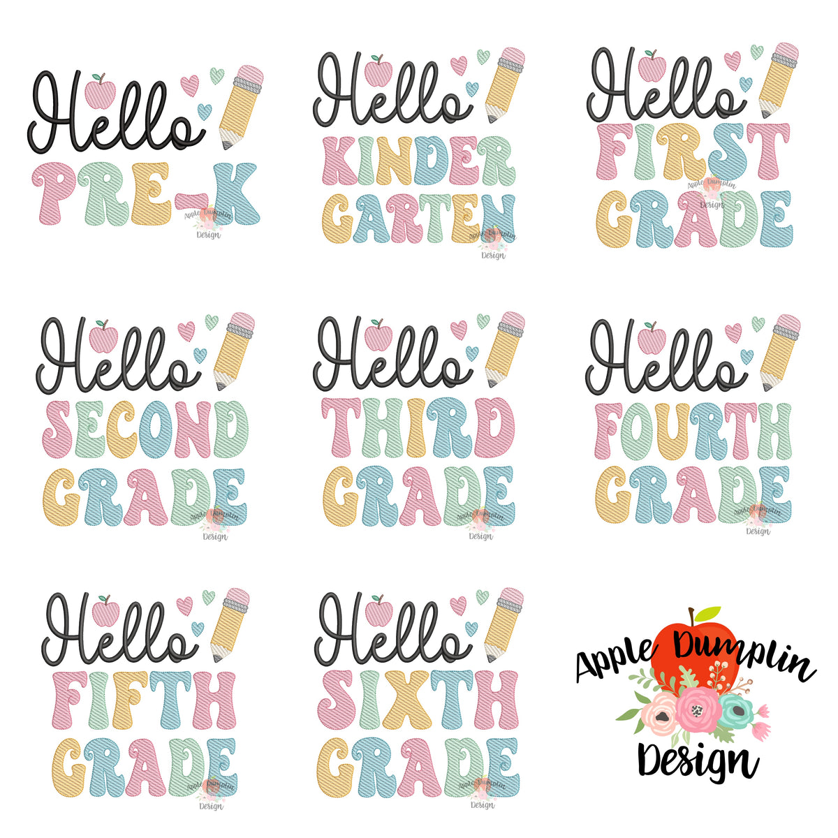 Hello Grade R Set of 8 Hello Grade Set Sketch Embroidery Designs – Apple Dumplin Design
