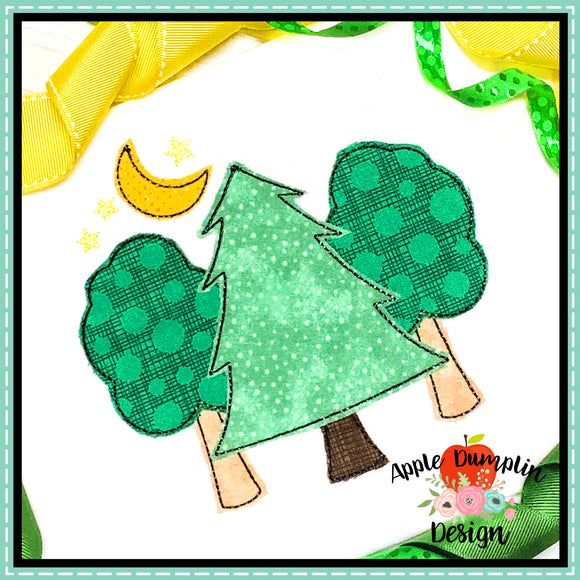 3 Trees with Moon Bean Stitch Applique Design