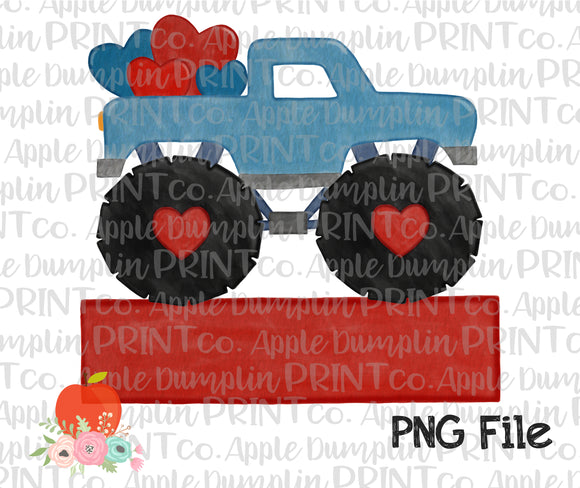 Blue Monster Truck with Hearts Banner Watercolor Printable Design PNG