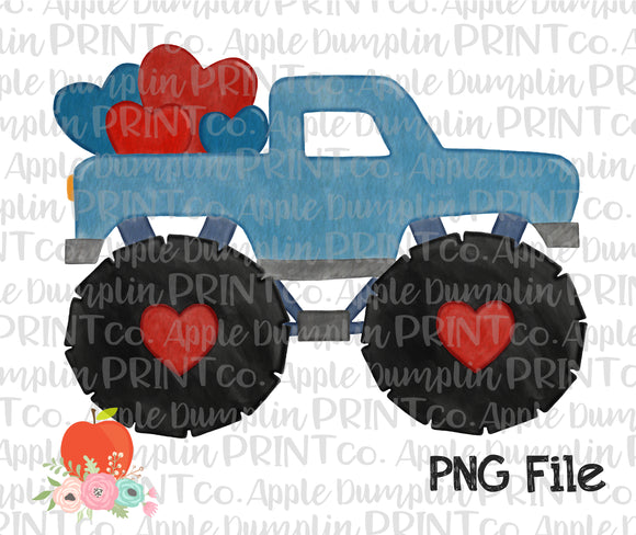 Blue Monster Truck with Hearts Watercolor Printable Design PNG