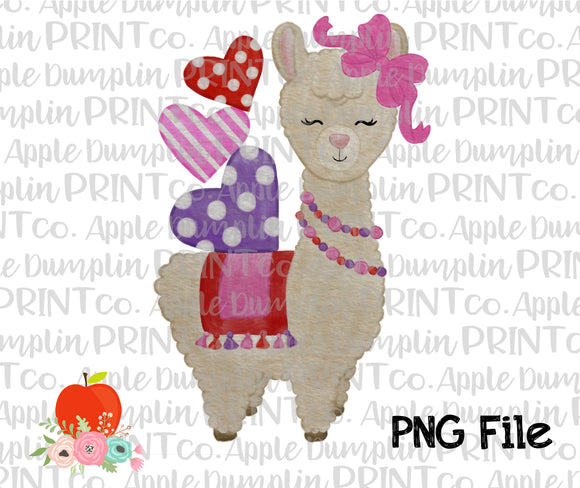 Valentine Llama Printed Hearts Watercolor Printable Design PNG