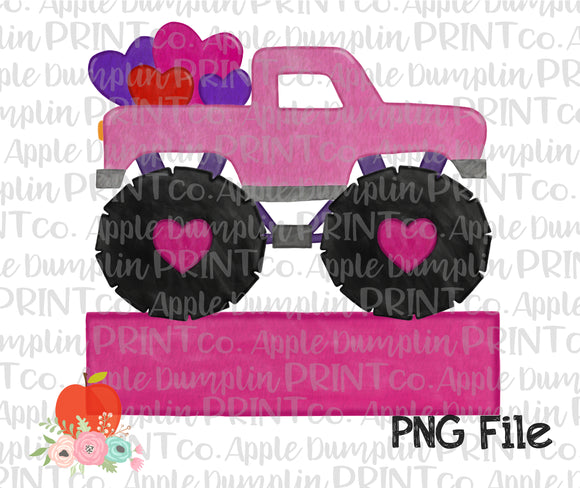 Pink Monster Truck with Hearts Banner Watercolor Printable Design PNG