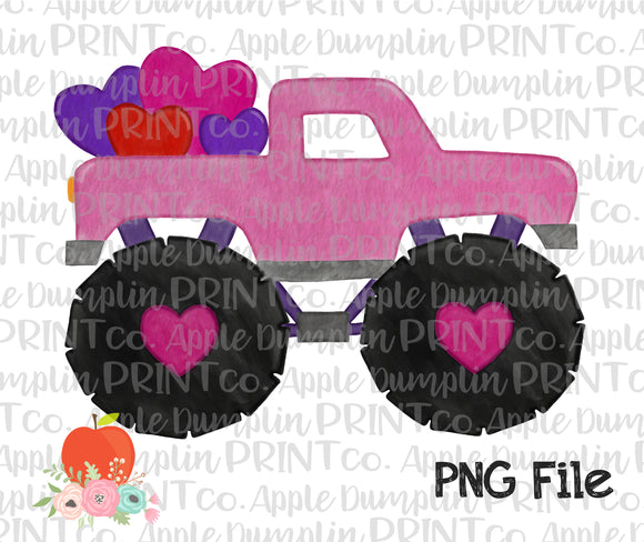 Pink Monster Truck with Hearts Watercolor Printable Design PNG