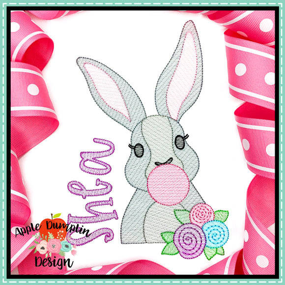 Bunny with Bubblegum Girl Sketch Embroidery Design
