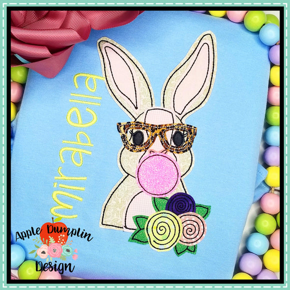 Bunny with Bubblegum Glasses Girl Bean Stitch Applique Design