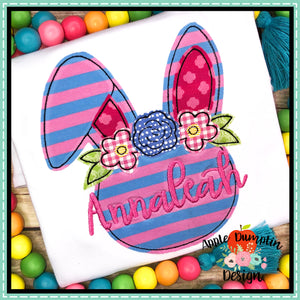 Bunny Head with Flowers Bean Stitch Applique Design