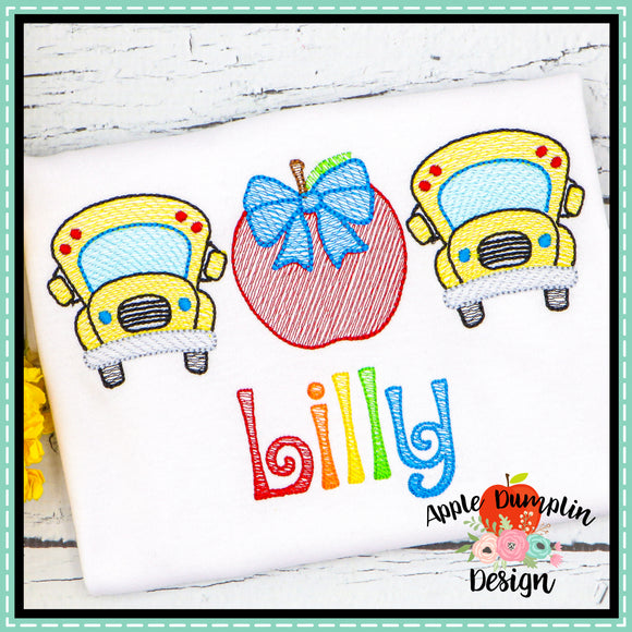 Bus Apple Trio with Bow Sketch Embroidery Design
