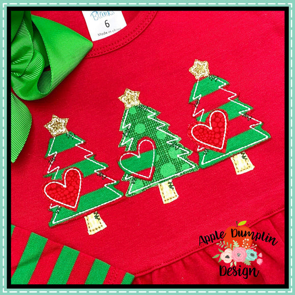 Christmas Tree Heart Trio Bean Stitch Applique Design