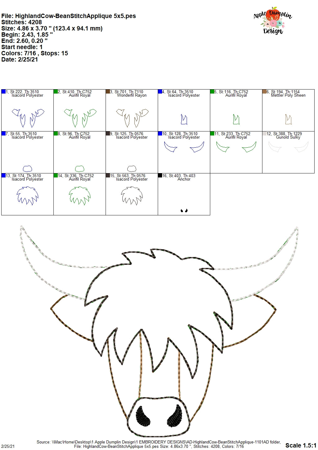 Highland Cow Bean Stitch Applique Design – Apple Dumplin Design for Free Printable Cow Sewing Pattern