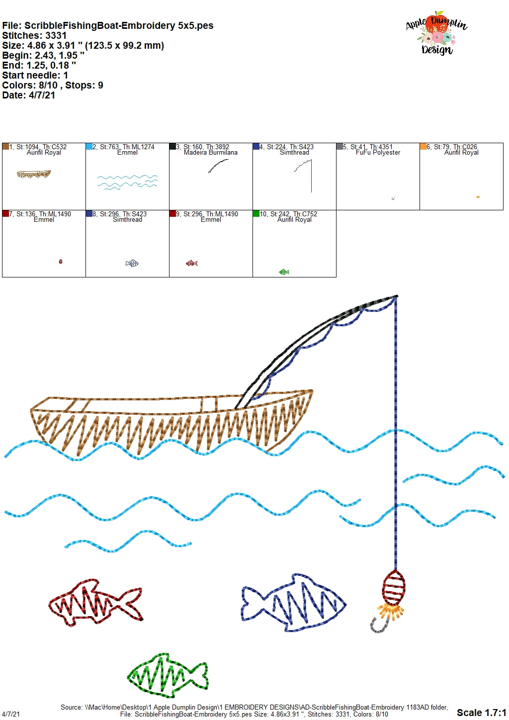 Scribble Fishing Boat Embroidery Design – Apple Dumplin Design