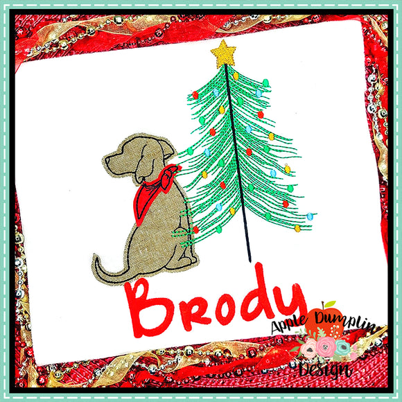 Dog with Christmas Tree Bean Stitch Applique Design