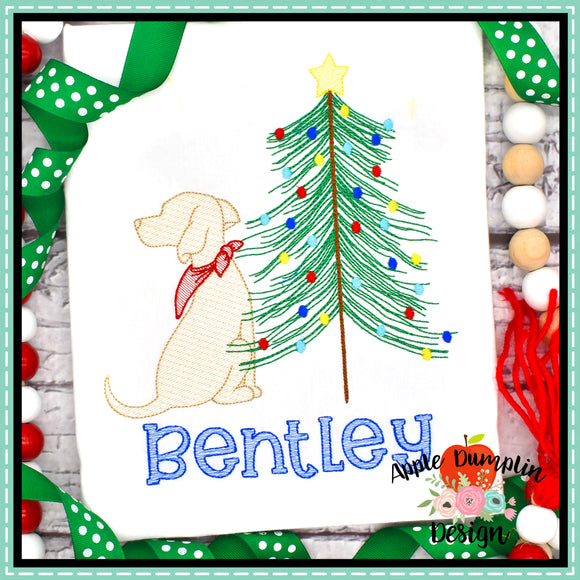 Dog with Christmas Tree Sketch Embroidery Design