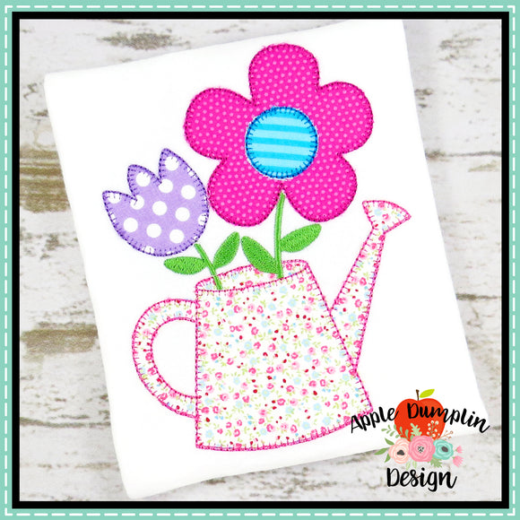 Flowers in Watering Can Blanket Stitch Applique Design
