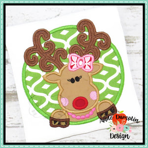 Reindeer in Circle Frame, Girl, Applique Design