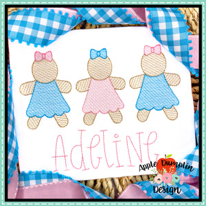 Gingerbread Girl Trio Sketch Embroidery Design