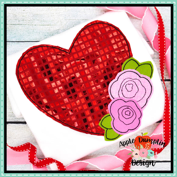 Large Heart with Flowers Bean Stitch Applique Design