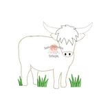 Highland Cow with Grass Bean Stitch Applique Design