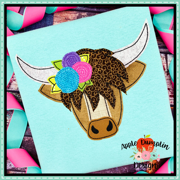 Highland Cow with Flowers Bean Stitch Applique Design