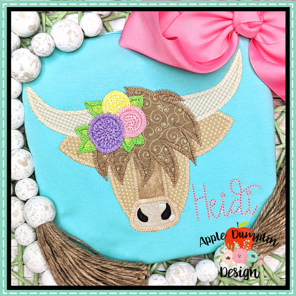 Highland Cow with Flowers Zigzag Applique Design