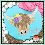 Highland Cow with Flowers Zigzag Applique Design