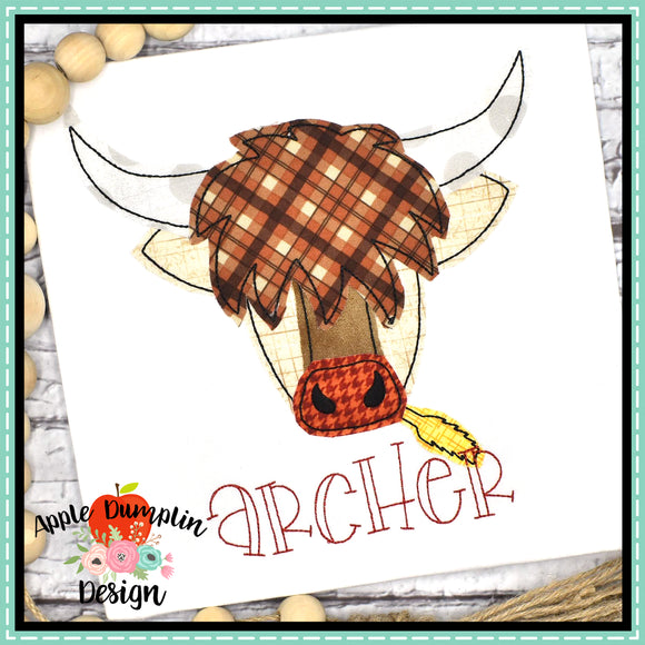 Highland Cow with Hay Bean Stitch Applique Design