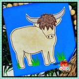 Highland Cow with Grass Bean Stitch Applique Design