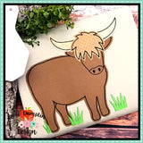 Highland Cow with Grass Bean Stitch Applique Design