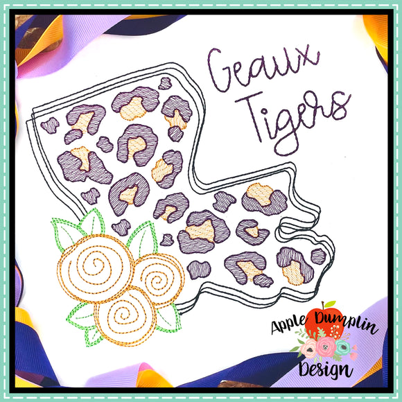 Louisiana Leopard with Flowers Sketch Embroidery Design