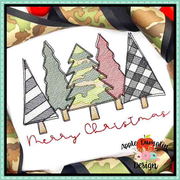 Merry Christmas Trees Camo Sketch Embroidery Design