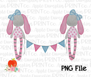 Rag Bunnies Banner Pink Watercolor Printable Design PNG