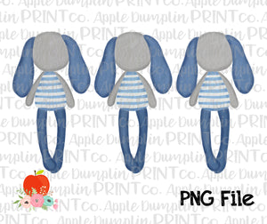 Rag Bunny Trio Blue Watercolor Printable Design PNG