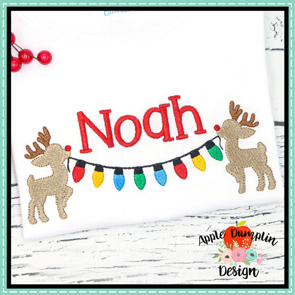 Reindeer Christmas Lights Banner Embroidery Design