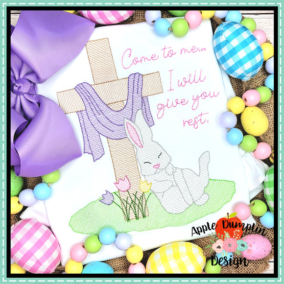 I Will Give You Rest, Bunny with Cross Sketch Embroidery Design