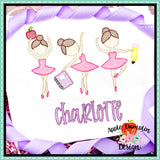 School Ballerina Trio Sketch Embroidery Design