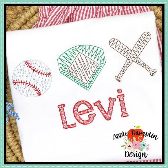 Scribble Baseball Trio Embroidery Design