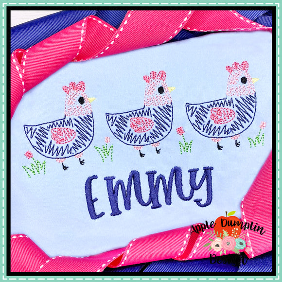 Scribble Chickens with Flowers Trio Embroidery Design