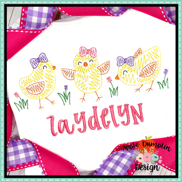 Scribble Chick with Bow Trio Embroidery Design