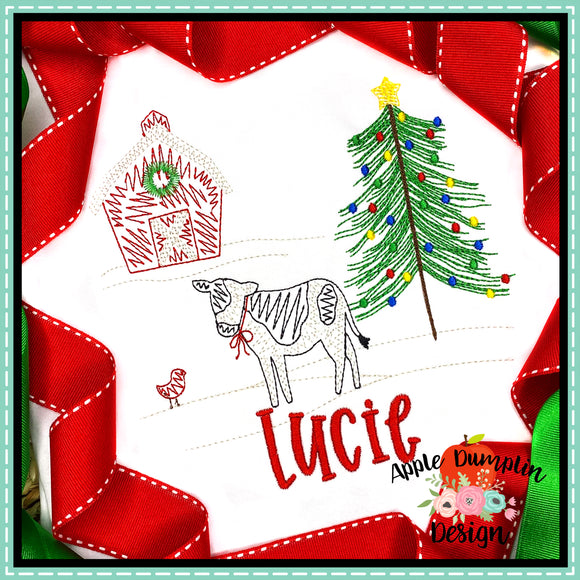 Scribble Christmas Cow Bow Scene Embroidery Design