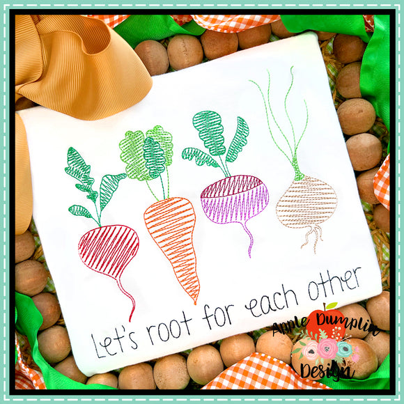 Lets Root for Each Other Veggies Scribble Embroidery Design