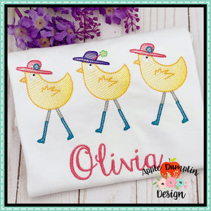 Spring Chicken Trio Sketch Embroidery Design