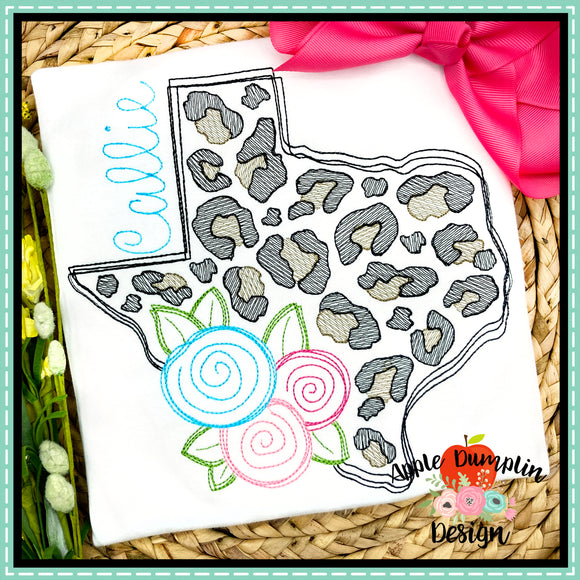 Texas Leopard with Flowers Sketch Embroidery Design