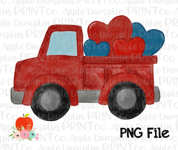 Truck with Hearts Watercolor Printable Design PNG
