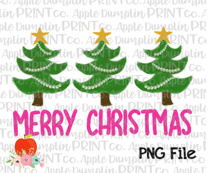 Pink Merry Christmas Tree Trio Watercolor Printable Design PNG