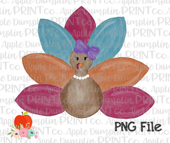 Girl Turkey with Bow Watercolor Printable Design PNG