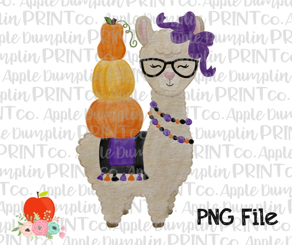 Halloween Llama with Glasses Watercolor Printable Design PNG