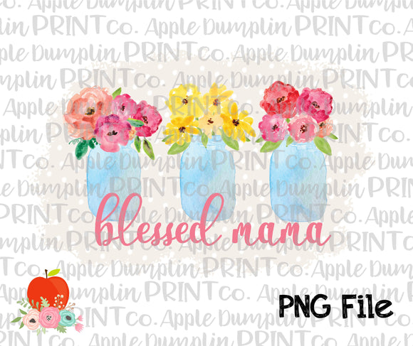 Blessed Mama Mason Jars Grey Polka Dot Background Watercolor Printable Design PNG