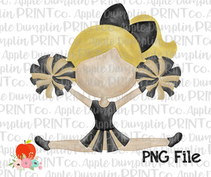 Blonde Cheerleader Black and Gold Water Color Printable Design PNG